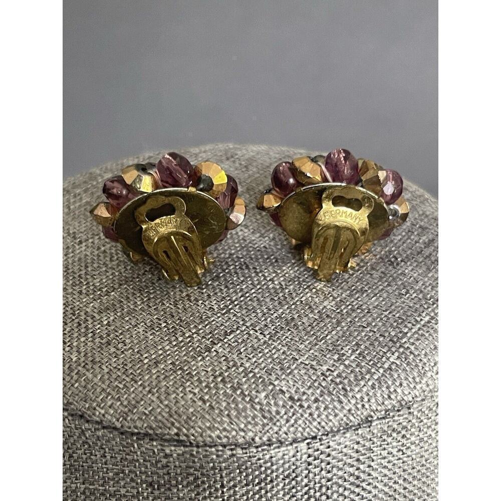 Vintage Germany Beaded Amethyst Colored Clip Brass Retro Cocktail Dress Earrings - Picture 4 of 6